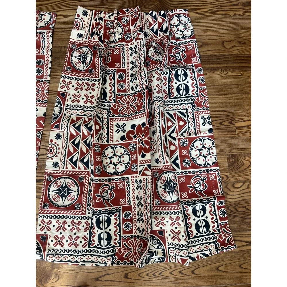 Sears Perma-Prest Vintage MCM Geometric Curtains Window 24x46 Rust Folk Art